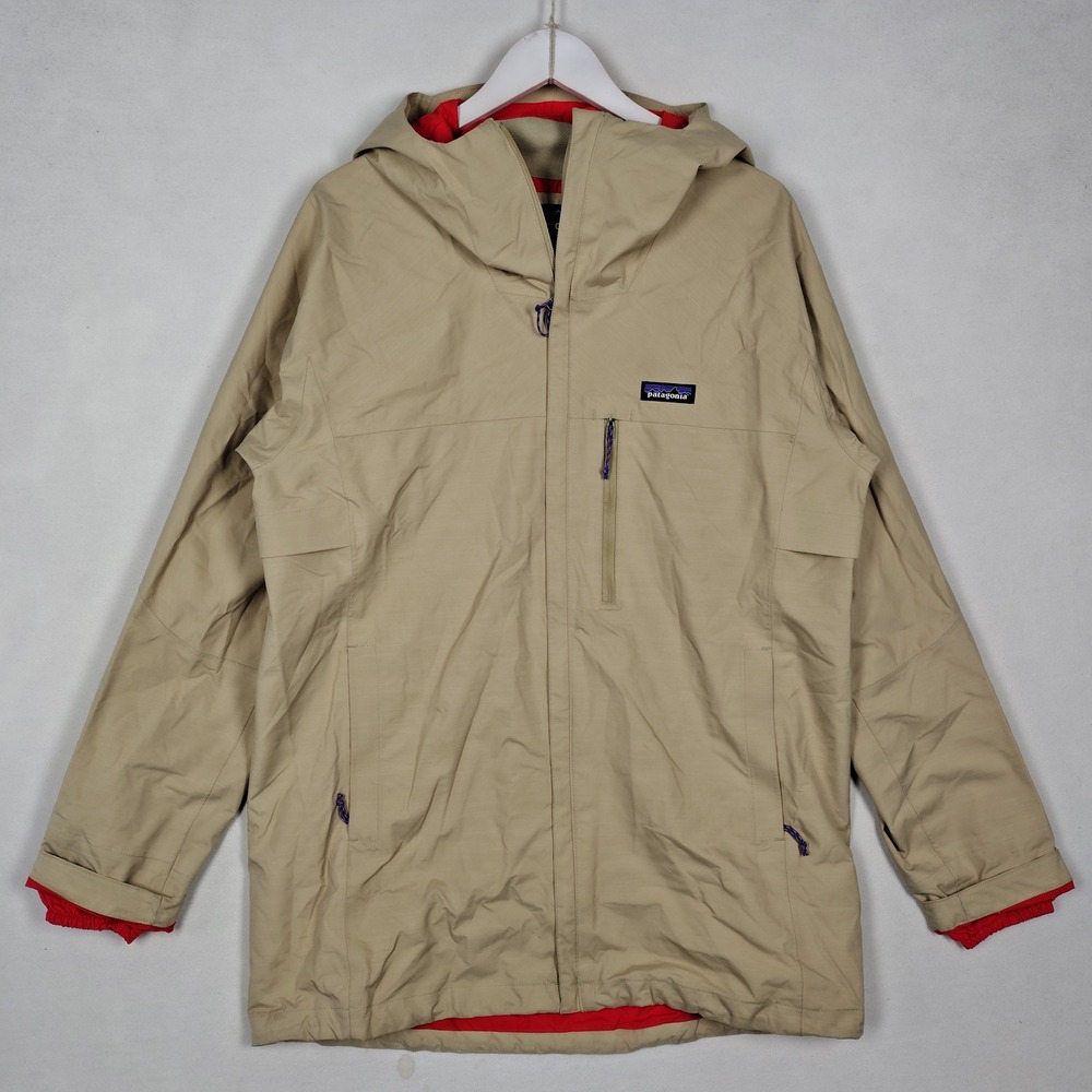 Patagonia Women's Tan Khaki Hooded Rain Parka Jacket Red Lining Size M